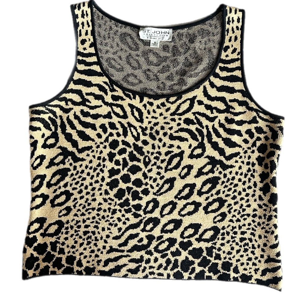 Vintage St. John Collection Animal Print Knit Tank Top, M Black Beige Made USA